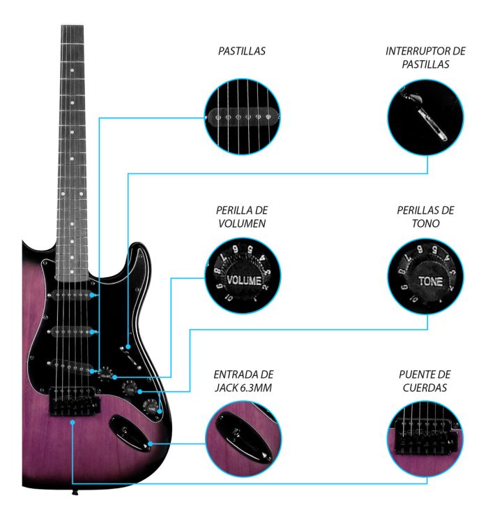 Guitarra Eléctrica Stratocaster Morada con amplificador y accesorios - Imagen 4