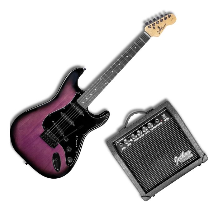 Guitarra Eléctrica Stratocaster Morada con amplificador y accesorios